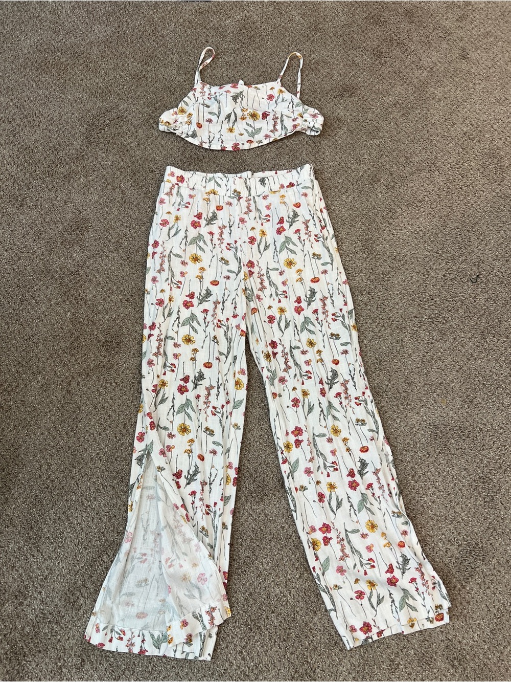 Floral Wide-Leg Pants in White with Pink & Yellow Flowers